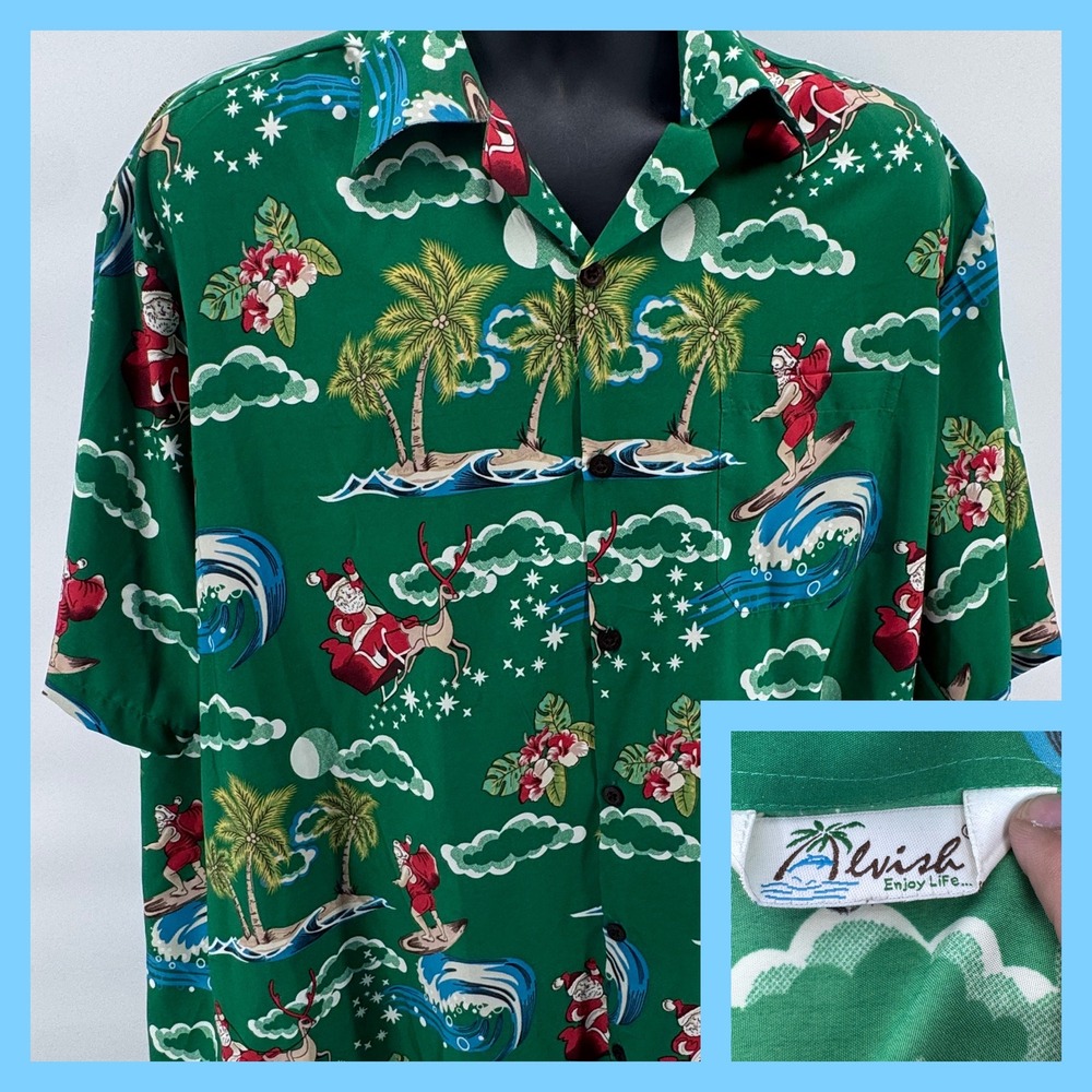 Alvish Button Down Shirt Mens XL Green Surfing Santa Tropical Christmas Hawaiian